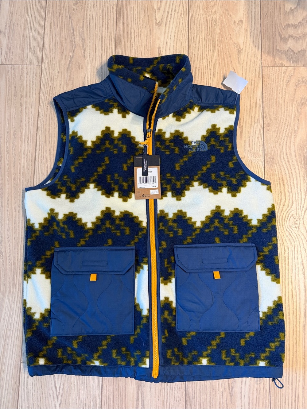 The North Face Navy, White & Olive Patterned Fleece Vest with Yellow Trim